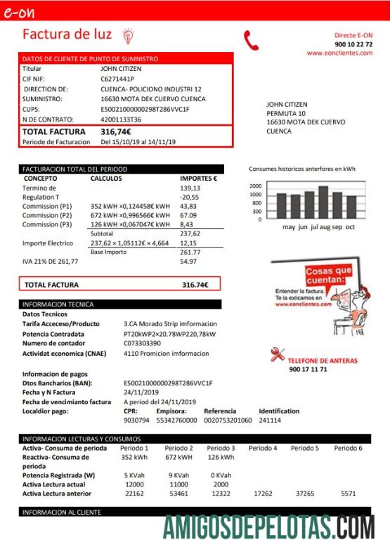 realista Modelo de fatura de serviços públicos de eletricidade E.ON da Espanha em formato Word e PDF